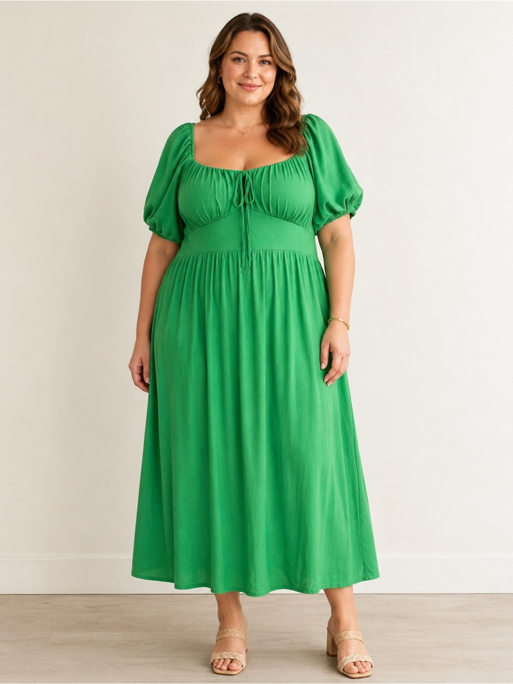 Green Smocked Midi Dress with Puff Sleeves